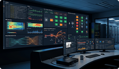 Painel com imagens de gráficos na parede e computadores em uma mesa
