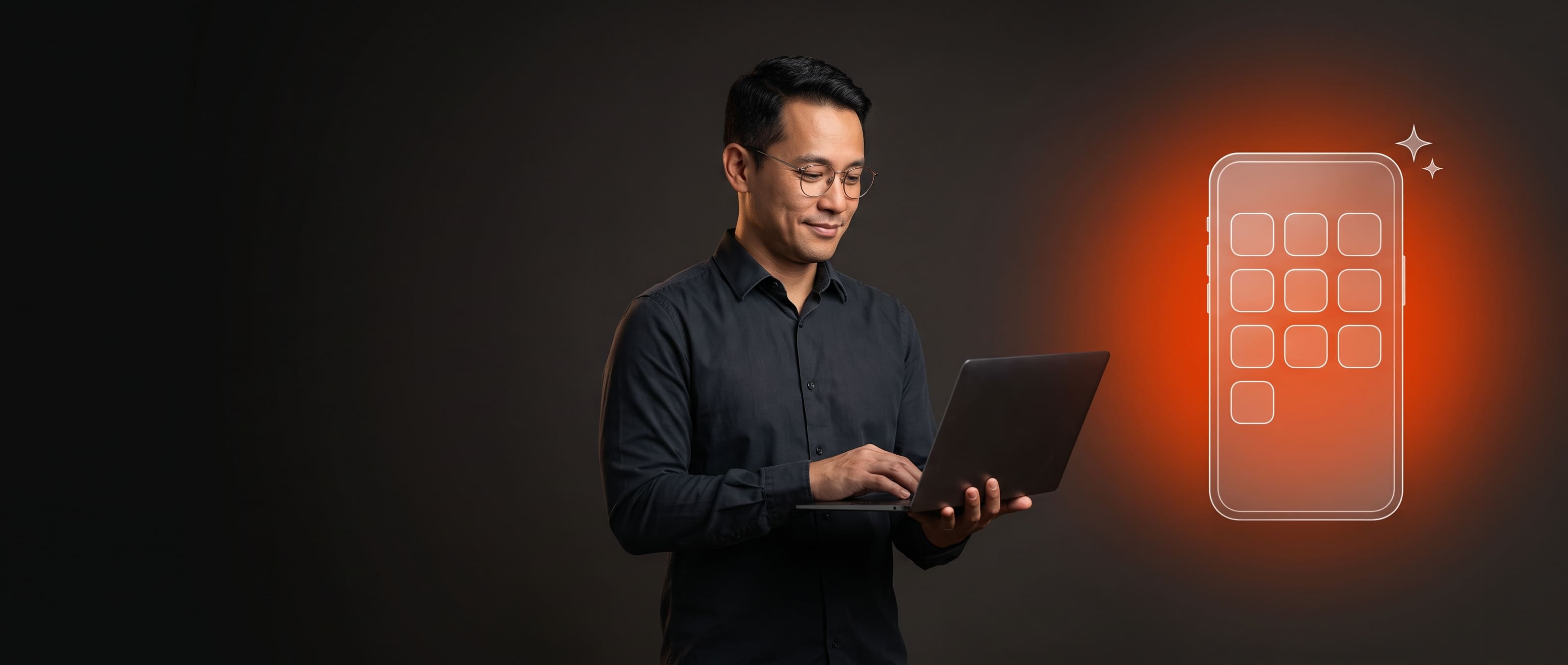 Homem branco de cabelos pretos e camisa social segurando um notebook