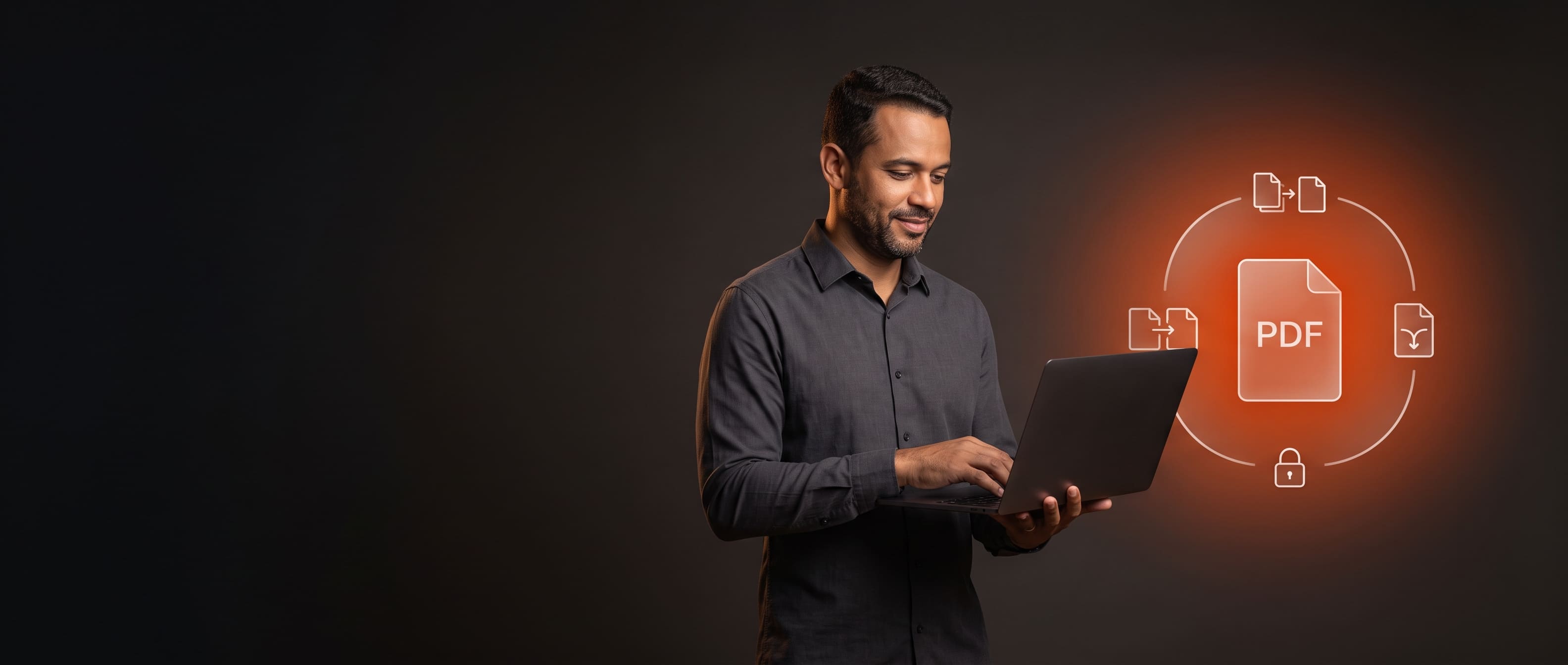 Homem branco mexendo em um laptop ao lado de um ícone de pdf flutuante