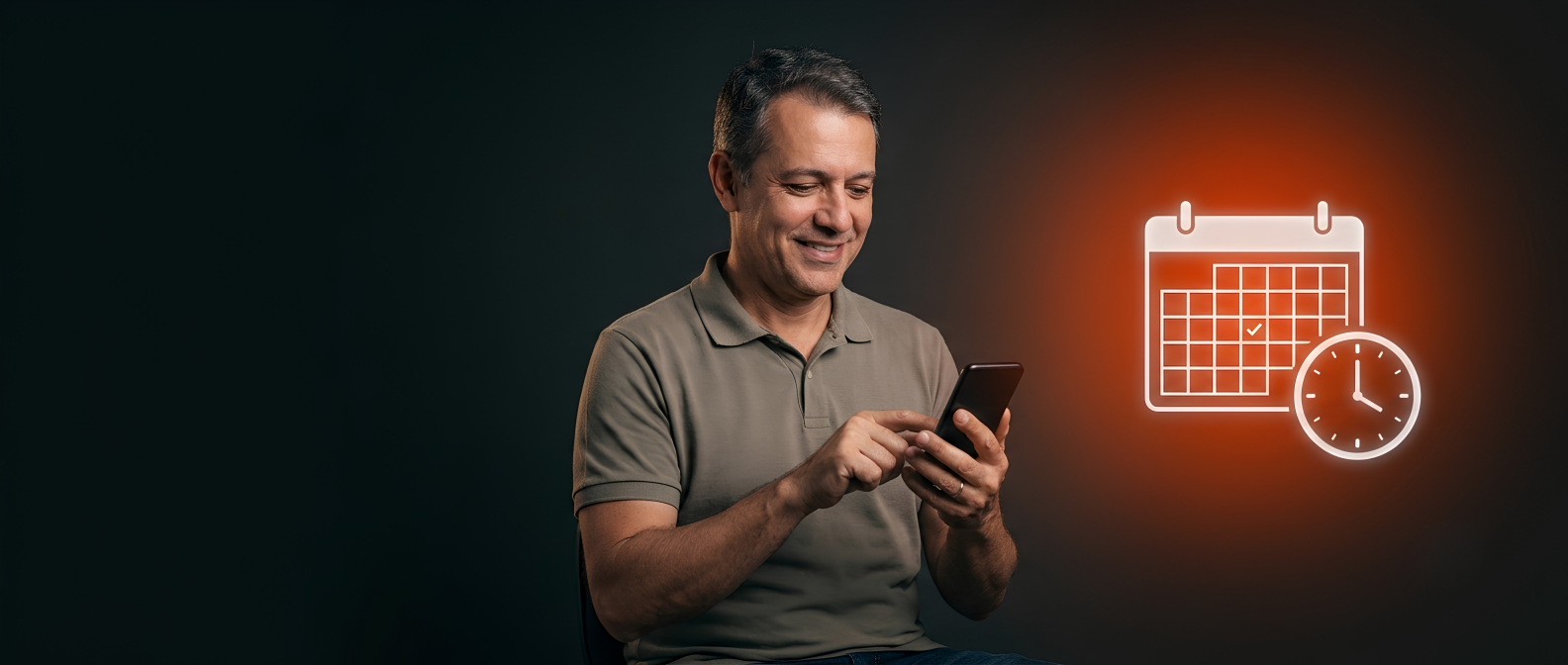 Homem sorridente usando o celular ao lado de um ícone luminoso de calendário com relógio, sobre fundo escuro.