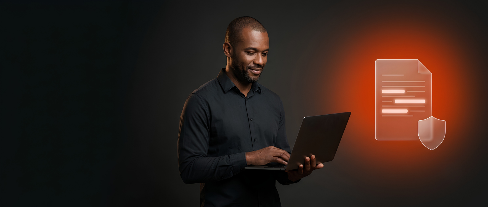 Homem com camisa social segurando um notebook, sobre fundo escuro