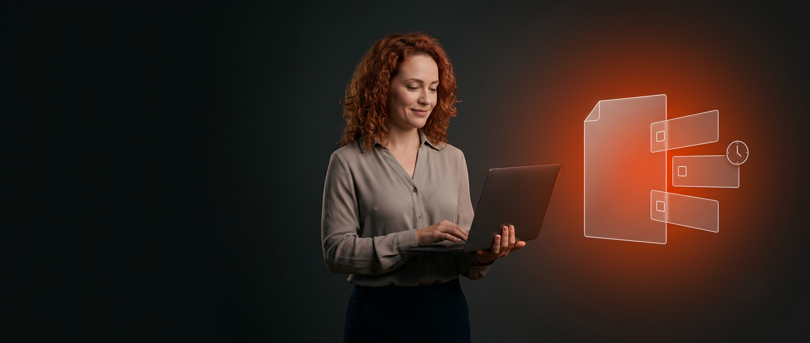 Mulher de blusa social usando um notebook ao lado de um ícone luminoso de documento, sobre fundo escuro.