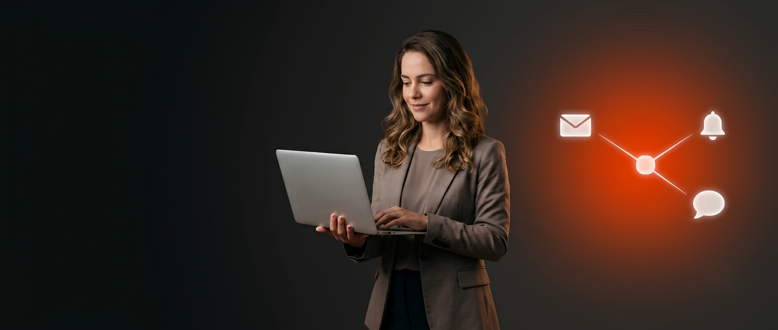 Mulher de blazer usando um notebook ao lado de ícones conectados de envelope, sino e balão de fala, sobre fundo escuro.