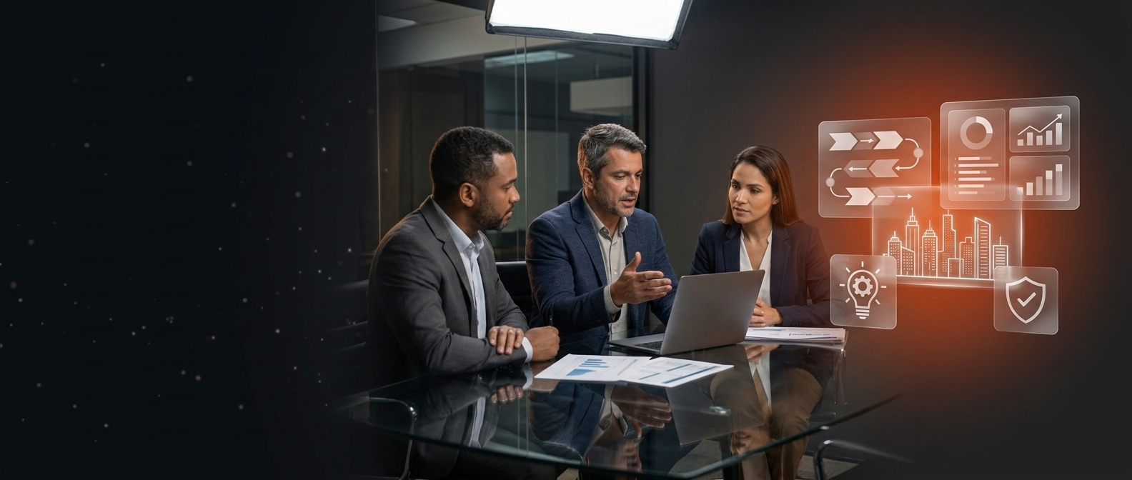 Três profissionais em reunião ao redor de uma mesa com notebook, sobre fundo escuro.