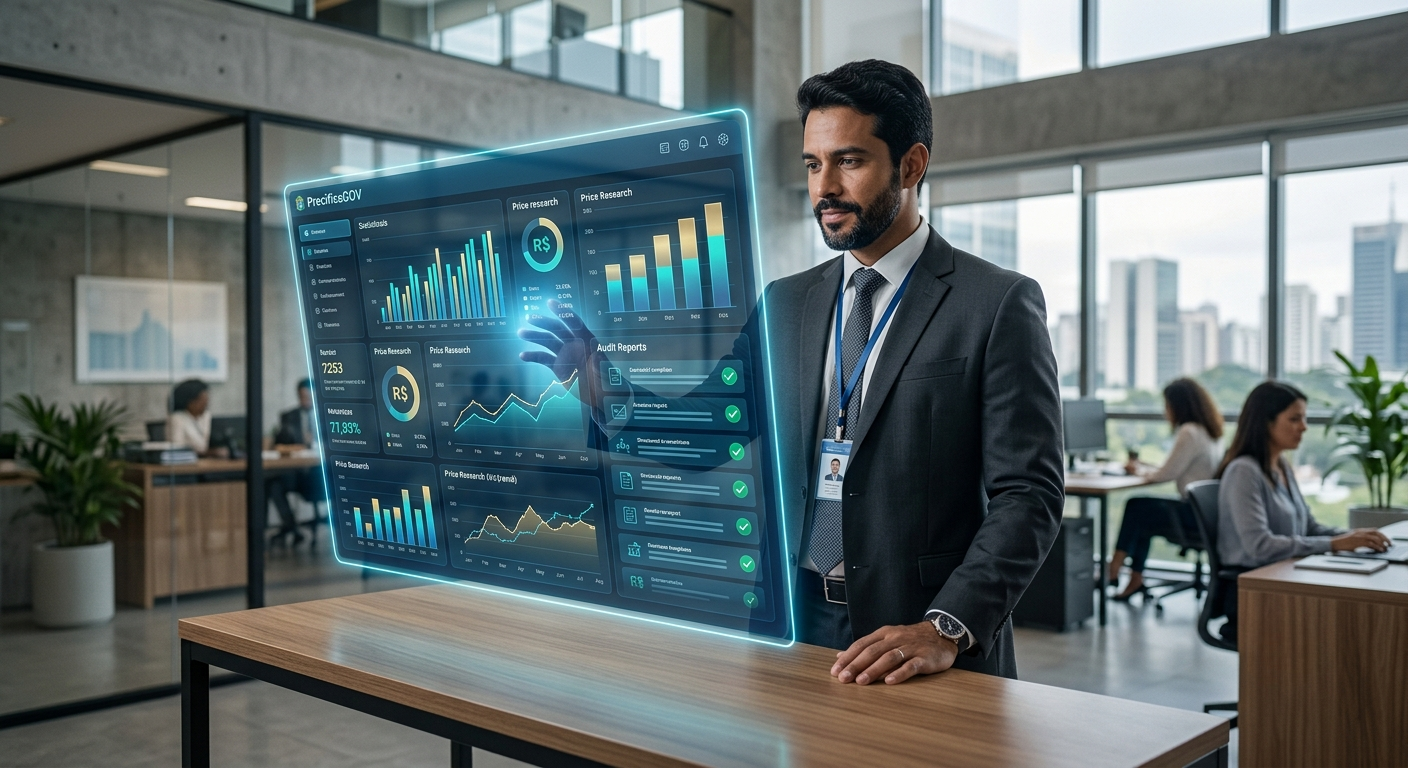 Imagem de um homem branco com cabelos pretos de terno analisando um dashboard