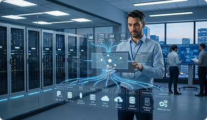 Imagem de um homem branco de social segurando um tablet e analisando dados