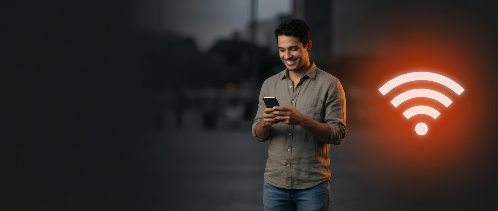 Homem sorridente usando o celular ao lado de um grande ícone luminoso de Wi-Fi, sobre fundo urbano escuro.